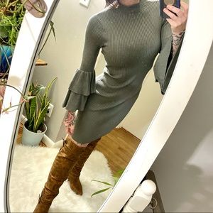 Say What? Olive Green Layered Bell Sleeve Long Sleeve Ribbed Texture Small Dress